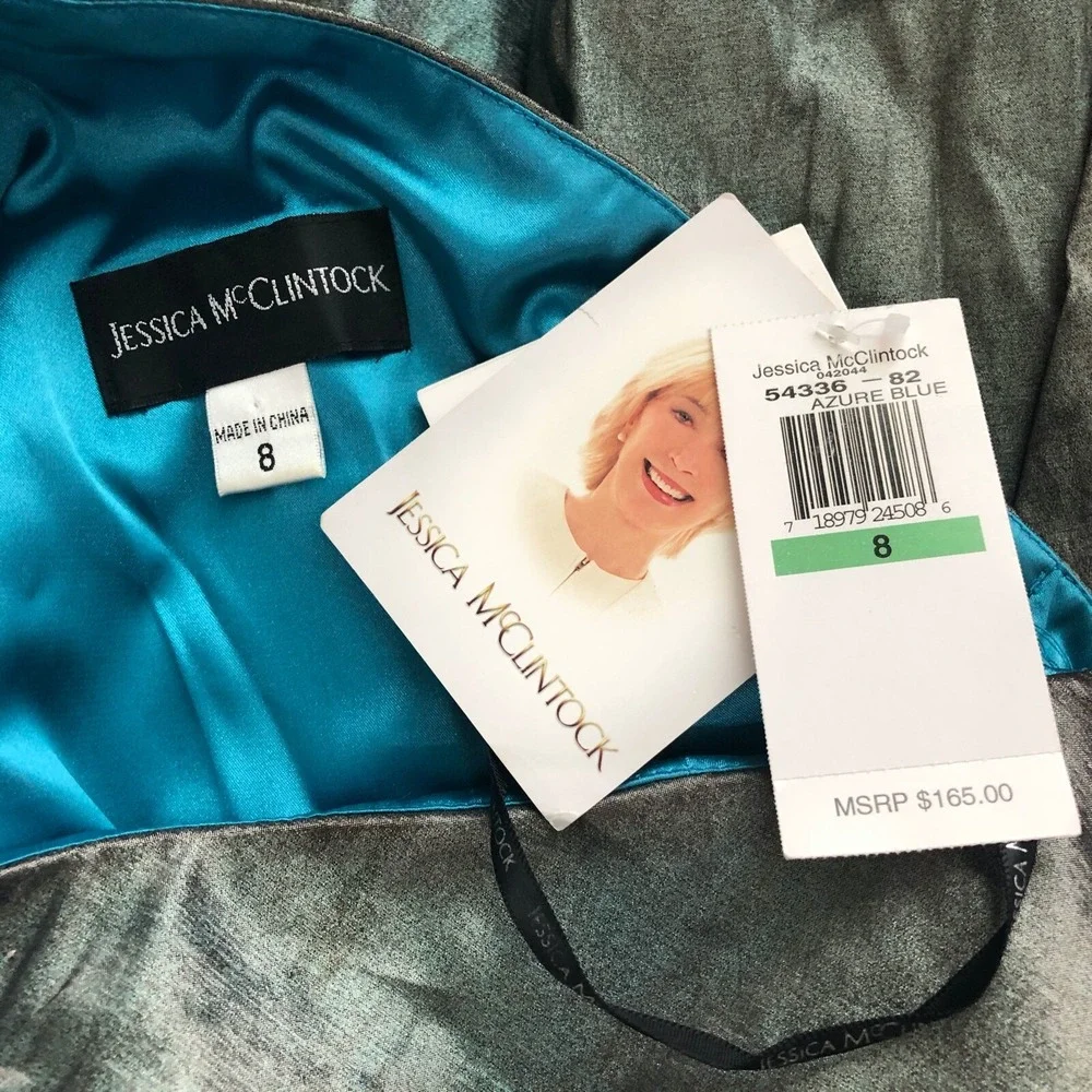 Jessica McClintock Dress Womens 8 Metallic Blue Green Prom Short Ruffle 90s NEW - Picture 7 of 7